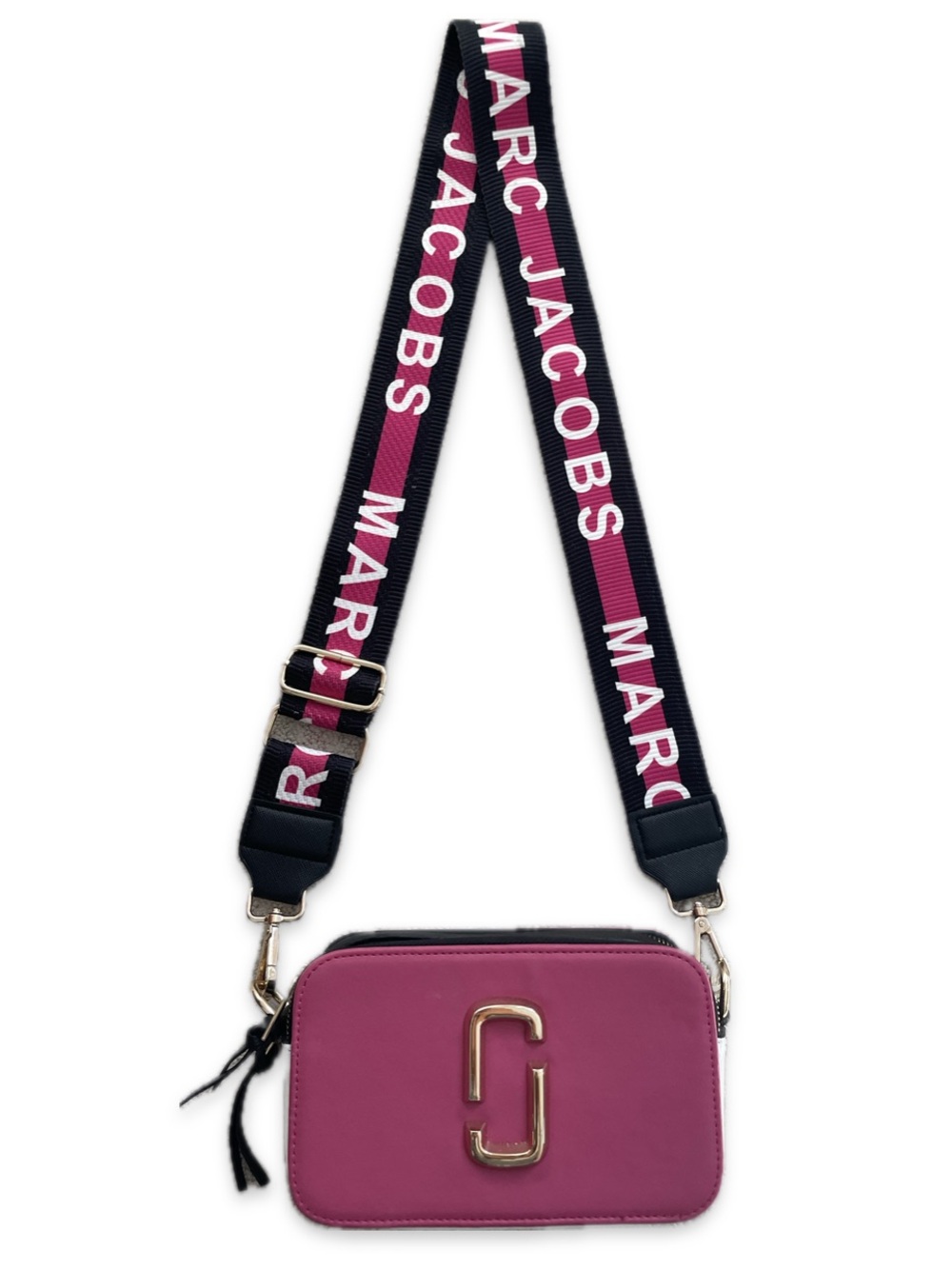 Marc Jacobs The Snapshot Vivid Pink Crossbody Bag Black Logo Webbing Strap NWOT